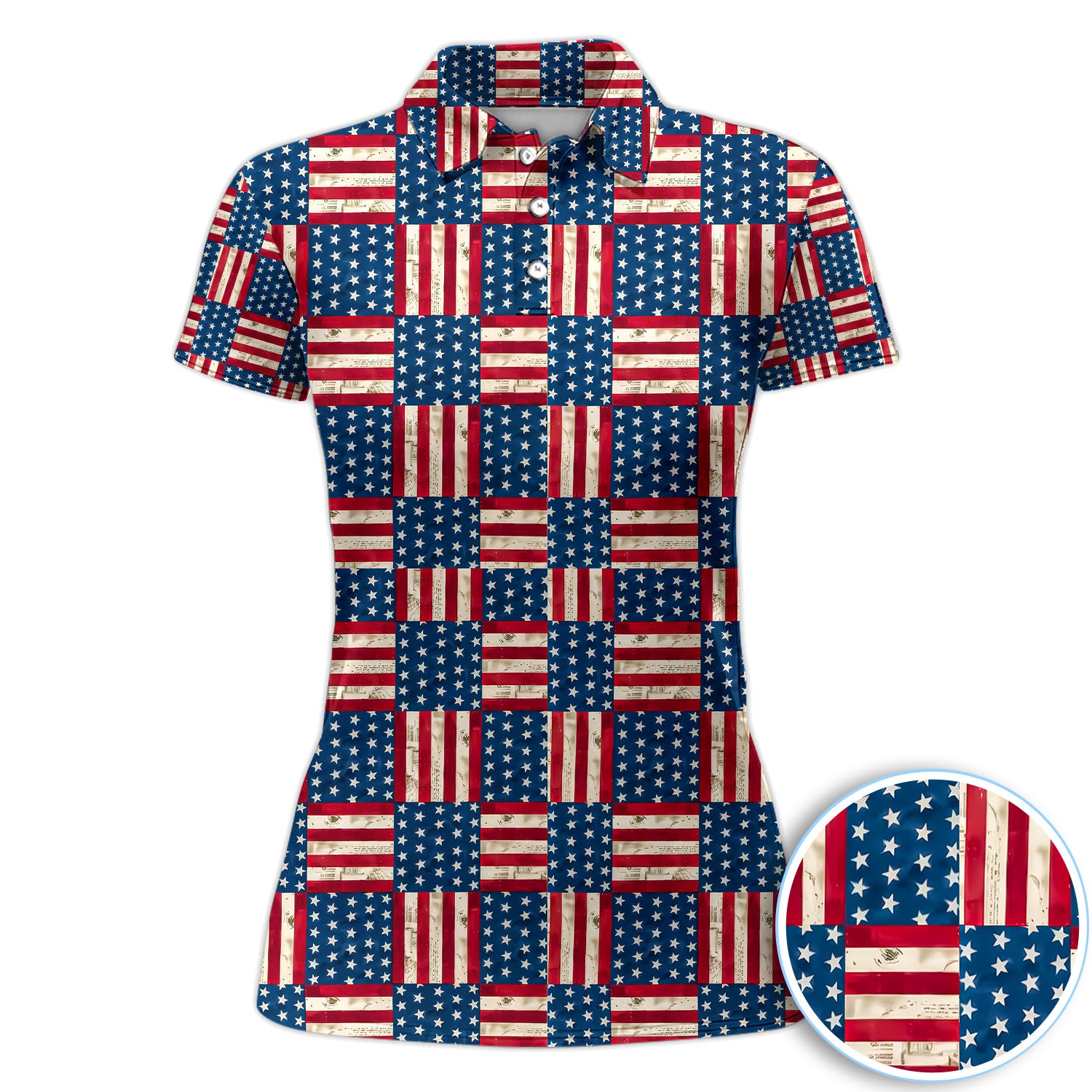 Vintage American Flag Patchwork Golf Pattern Shirt, USA Flag Golf Polo Shirt For Women, Patriotic Golf Gift