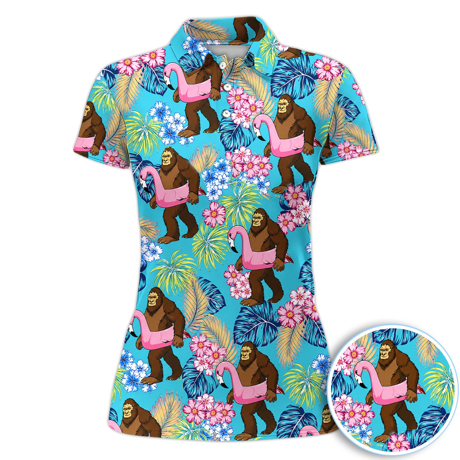 Funny Bigfoot Flamingo Hawaiian Pattern Shirt, Tropical Bigfoot Polo Shirt For Women, Beach Gift