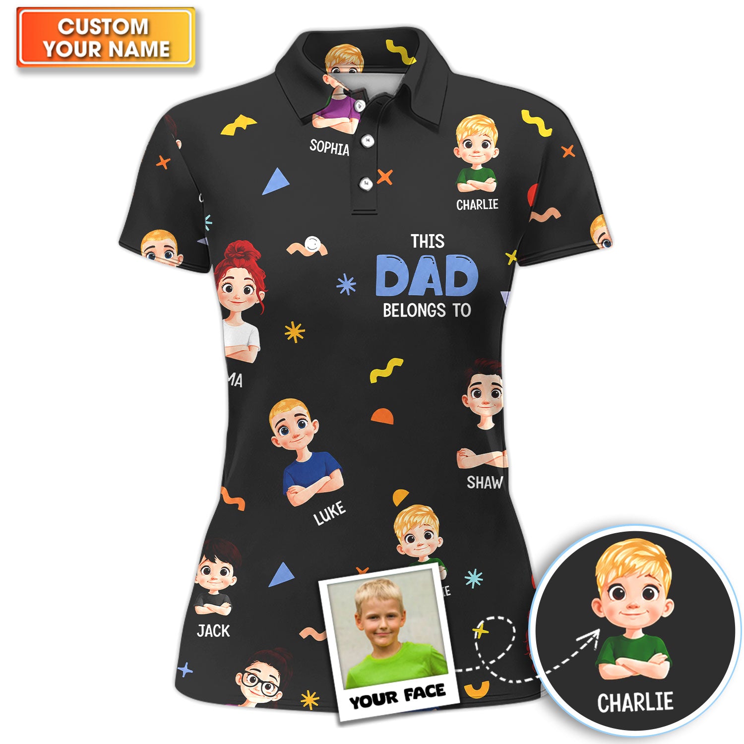 Custom Face Kids Cartoon Golf Pattern Shirt For Women, Father's Day Gift