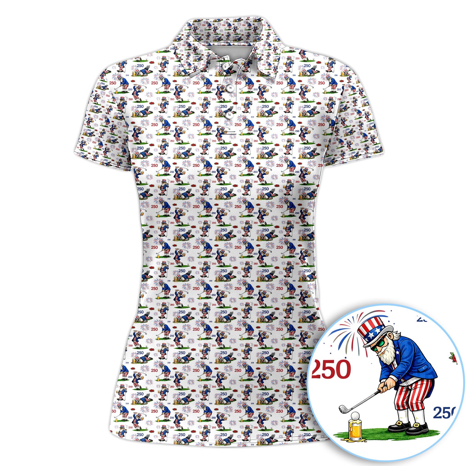 Patriotic Uncle Sam Golfer Women Polo Shirt, 250 Fireworks Pattern, Golfer Gift