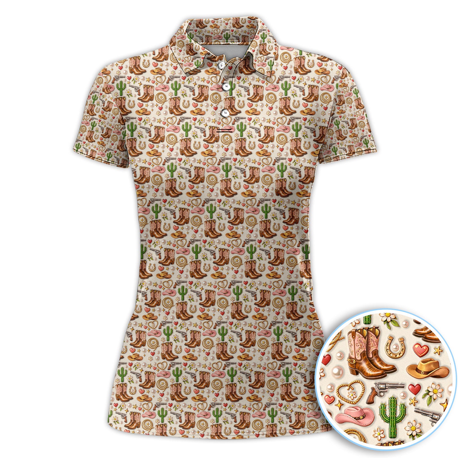 Western Cowgirl Boots Cactus Heart Golf Shirt, Country Rodeo Pattern Golf Polos, Golf Gift For Women
