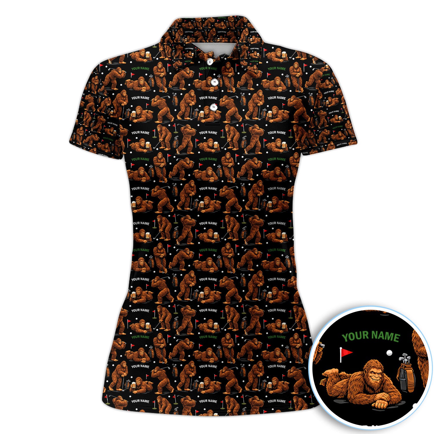 Personalized Bigfoot Pattern Golf Polos, Crazy Bigfoot Golf Shirt For Women, Funny Golf Shirt