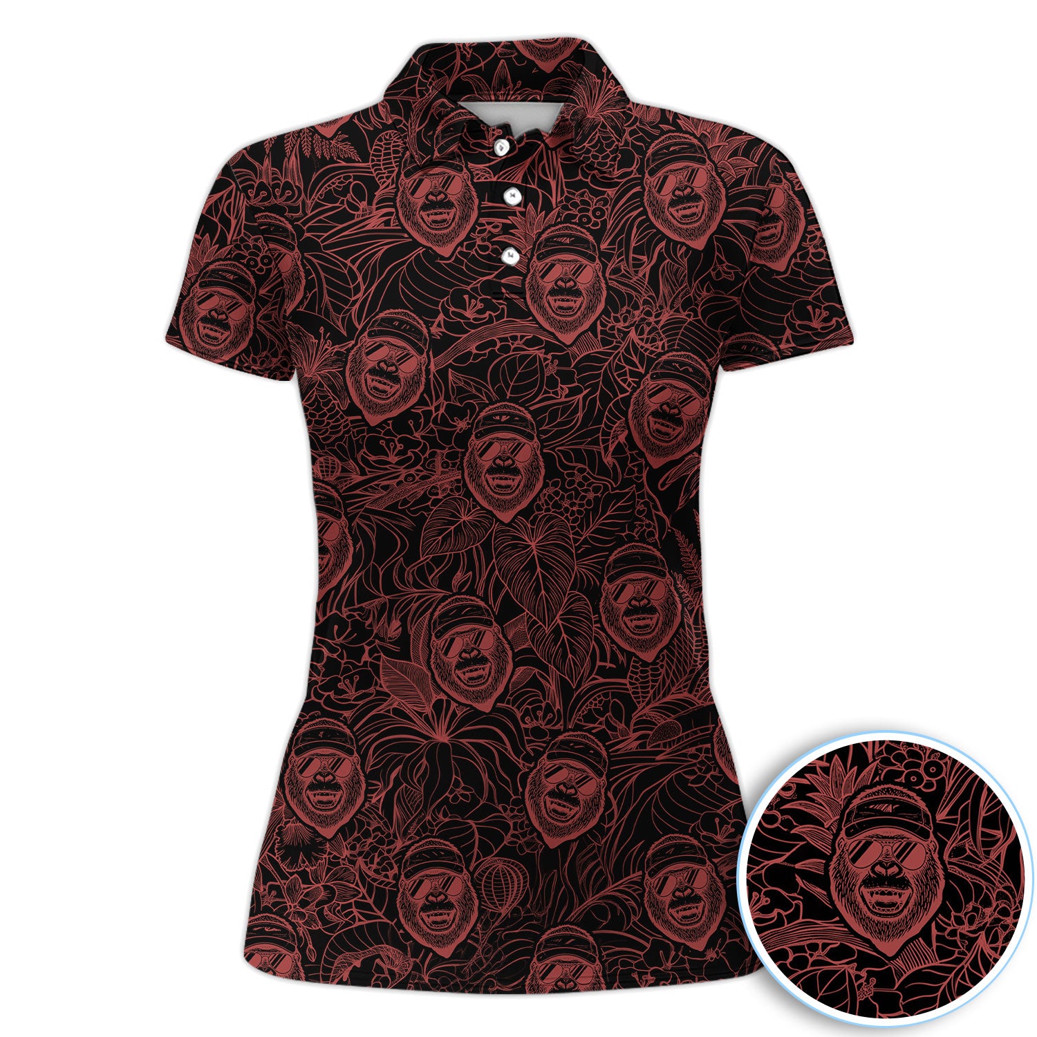 Bigfoot Red Neon Outline Polo Shirt For Women, Sasquatch Face All Over Print, Dark Cryptid Pattern Casual Golf Shirt