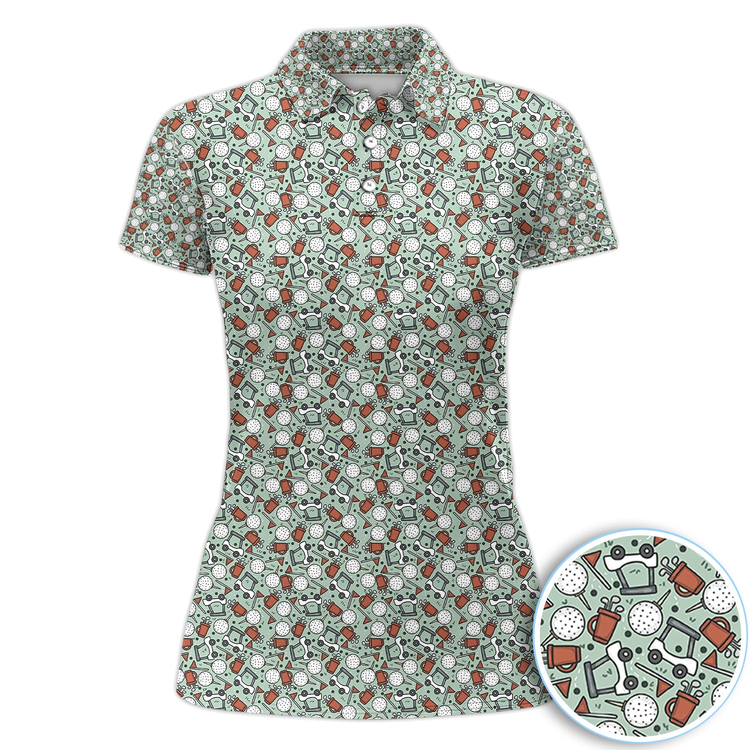 Funny Golf Pattern Polo Shirt For Women, Golf Cart Ball Tee All Over Print, Golfer Gift Casual Summer Shirt