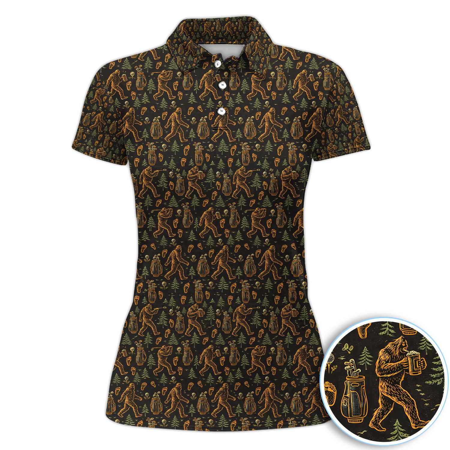 Bigfoot Beer Forest Pattern Golf Shirt, Sasquatch Drinking Golf Shirt For Women, Golfer Gift