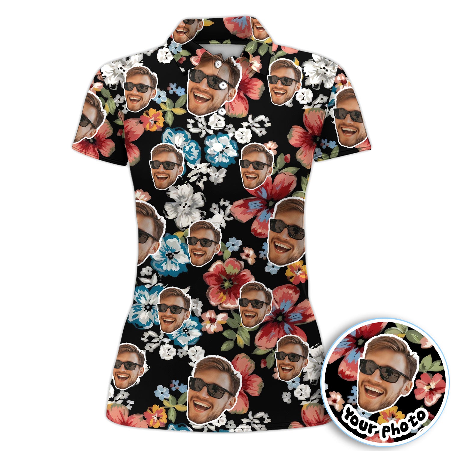 Custom Face Floral Golf Pattern Shirt, Photo Tropical Golf Polos For Women, Gift For Husband