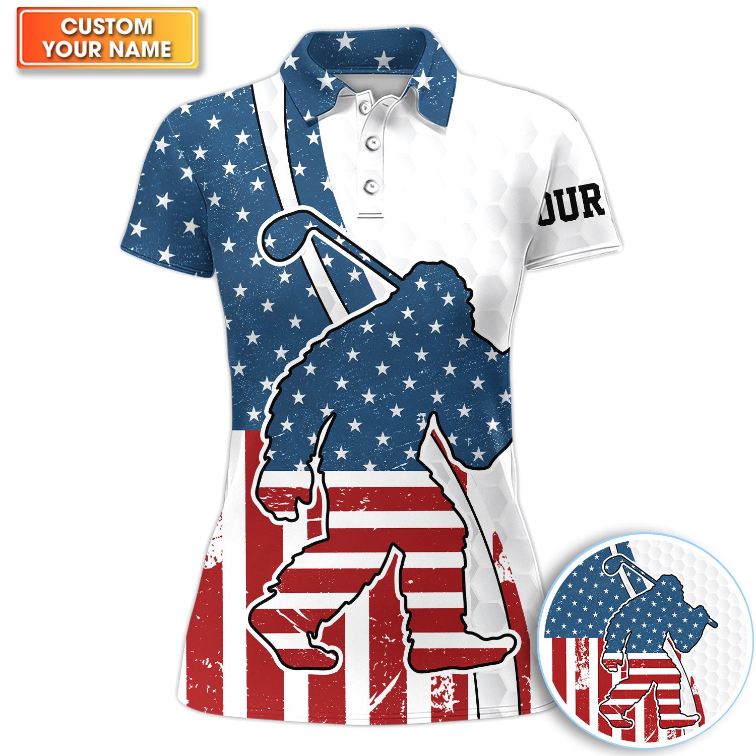 Personalized Patriotic Golfer USA Flag Pattern Shirt, Custom Name American Flag Golf Polo Shirt For Women, USA Golf Gift