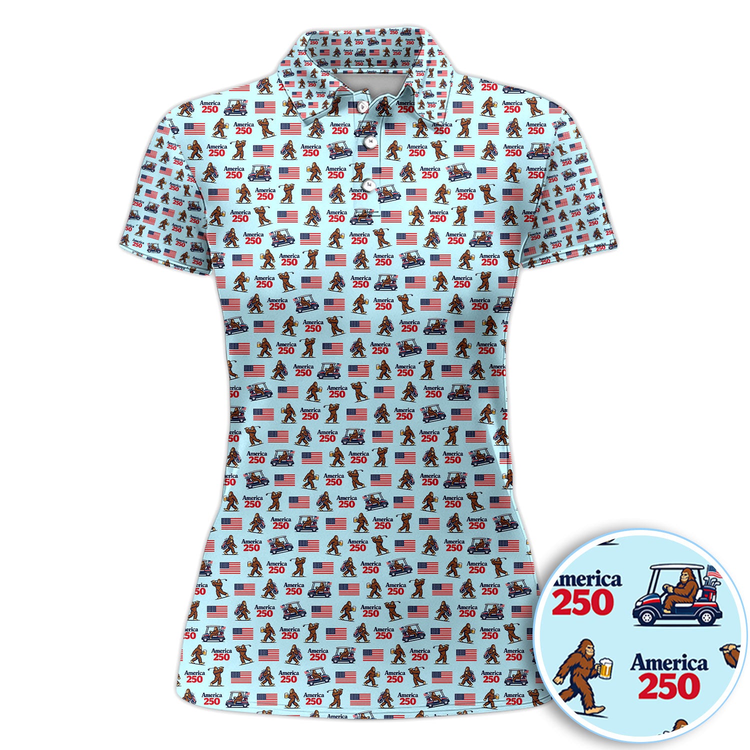 Bigfoot America 250 Pattern Golf Polos, Crazy Bigfoot Golf Shirt For Women, Funny Golf Shirt