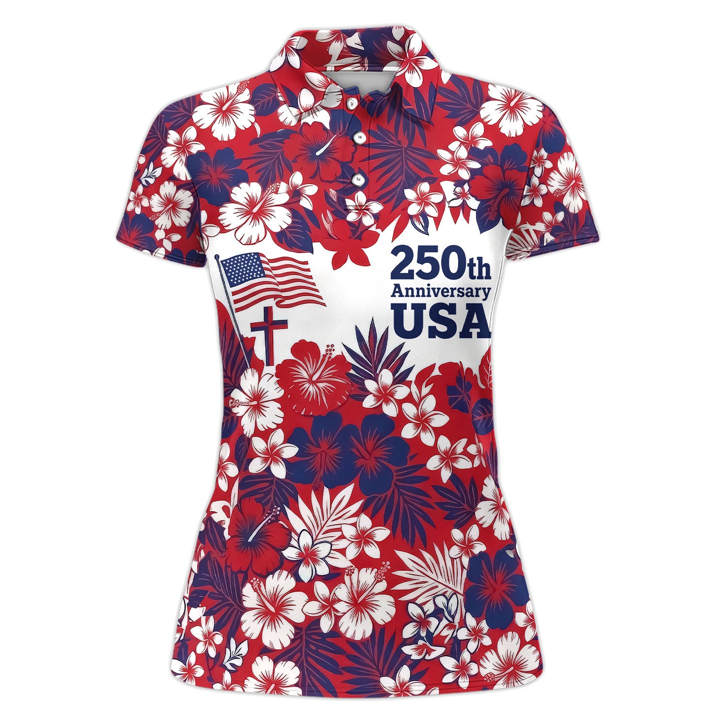 Patriotic USA Hawaiian Golf Pattern Shirt, 250th Anniversary America Golf Shirt For Women, 4th Of July Gift