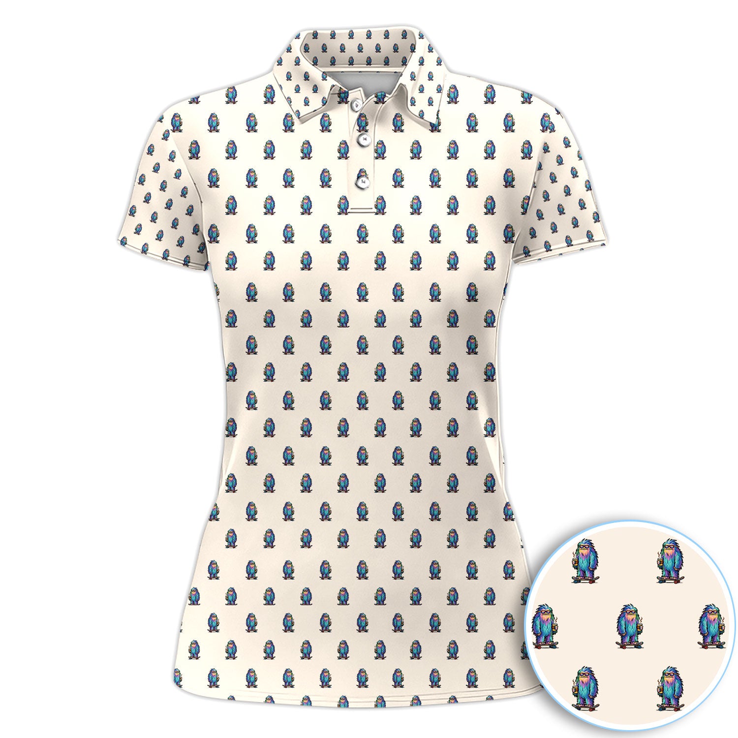 Funny Yeti Pattern Golf Polos, Bigfoot Coffee Skateboard Golf Shirt, Crazy Golf Shirts For Women