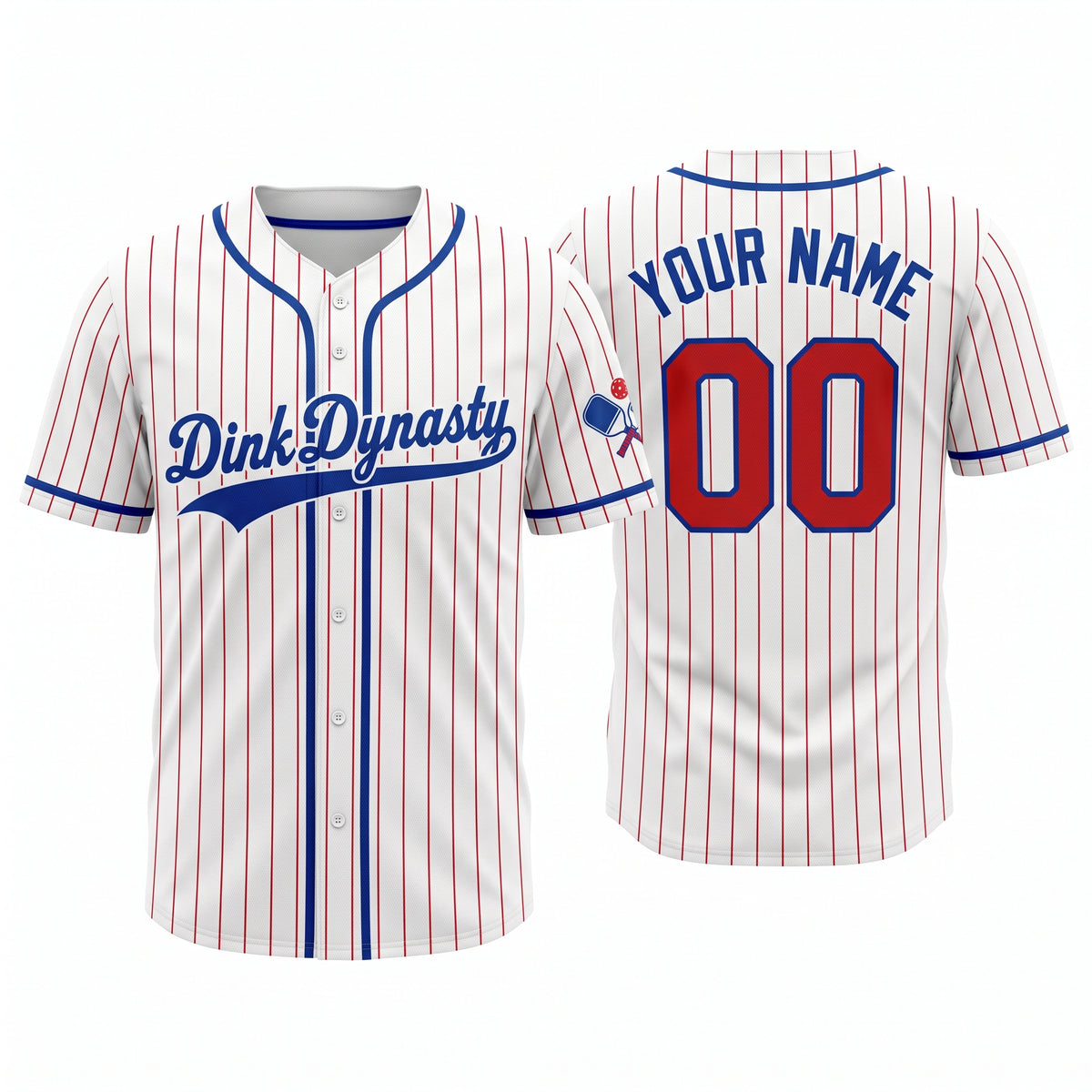 Dink Dynasty white and red pinstripe button-front pickleball baseball jersey, front and back with custom name and number