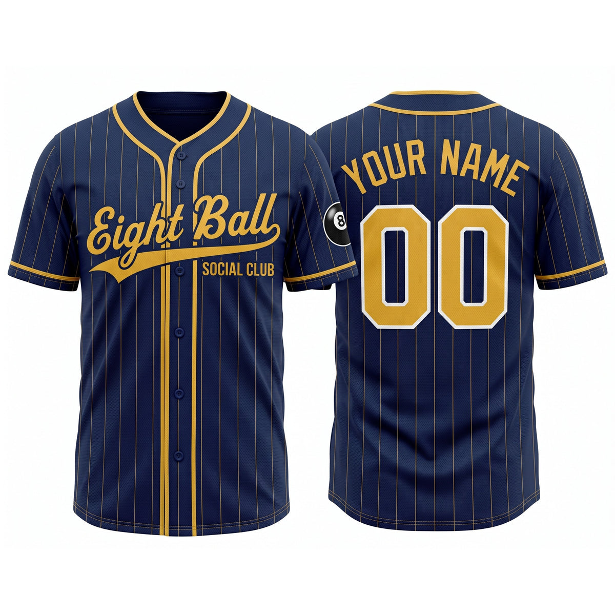 Eight Ball Social Club navy and gold pinstripe button-front billiards baseball jersey, front and back with custom name and number