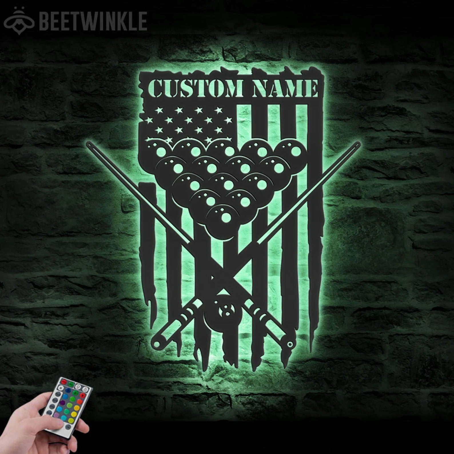 Patriotic Pool Room Sign – Custom Name Billiard Wall Art with LED Backlight – Gifts for Pool Players