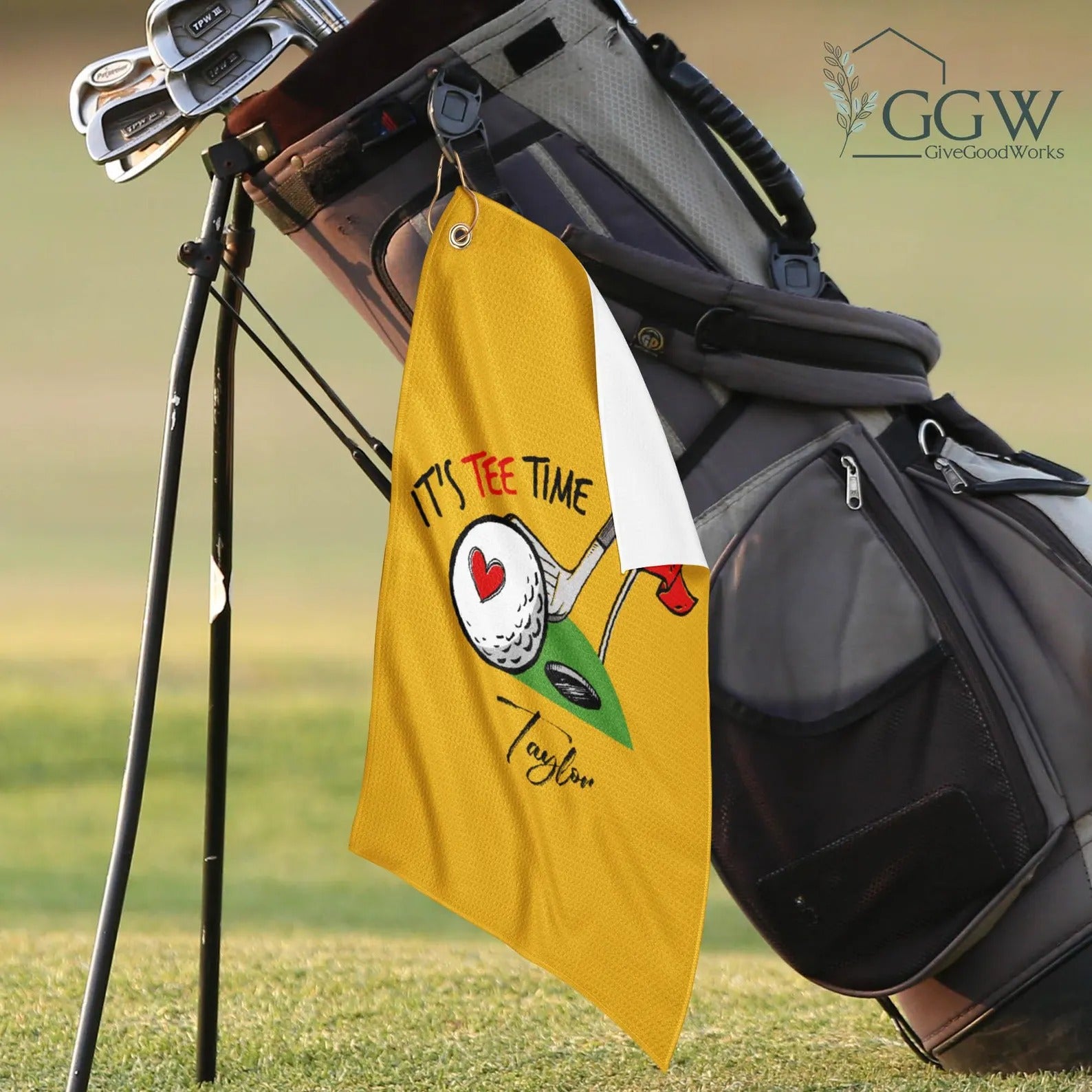 Golf Towels - Itβs Tee Time With Heart Ball Design Custom Name, Gift For Golfers, Funny Golf Towel for Men