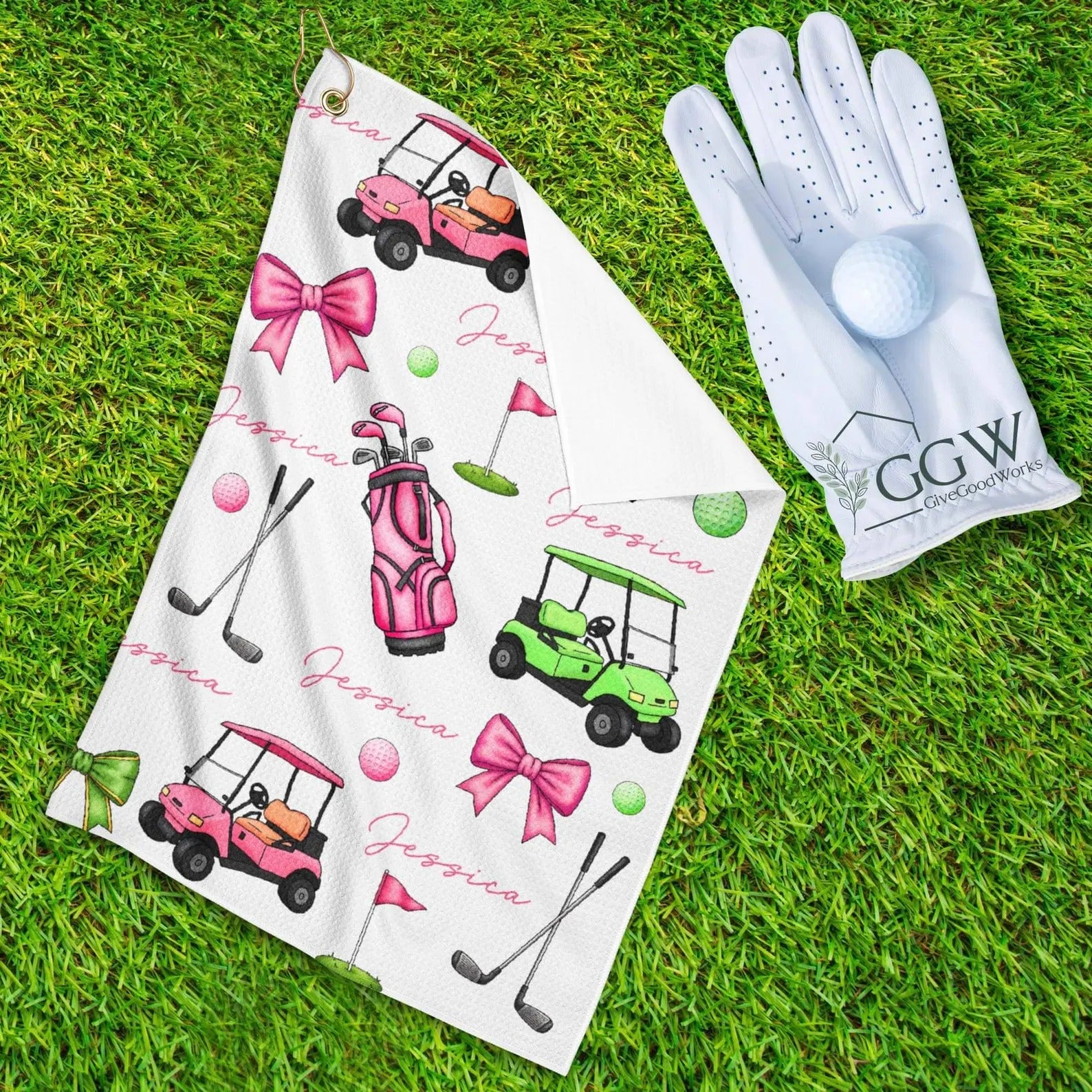 Golf Towel For Women – Pink & Green Golf Cart Pattern With Custom Name, Golf Towels For Golfers