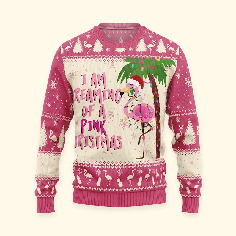 Funny Christmas Ugly Sweater, I Am Dreaming Of A Pink Christmas, Flamingo Christmas Sweater