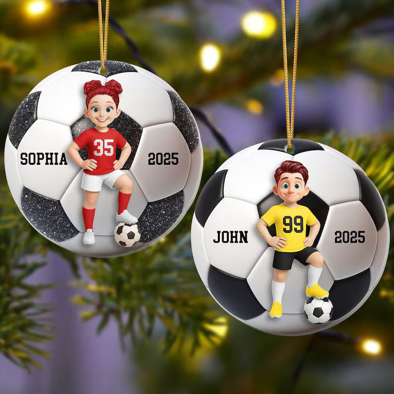 Personalized Soccer Ornament – Custom Name and Number Christmas Ornament, Cute Soccer Player Xmas Gift for Kids, Football Tree Decoration