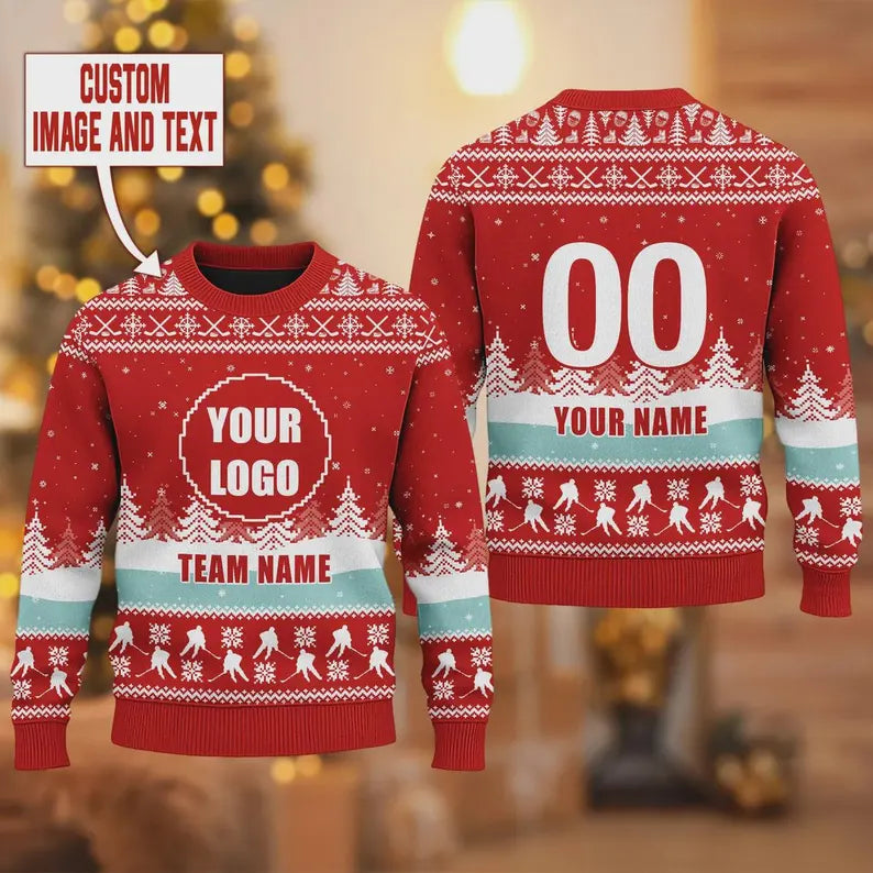 Personalized Logo Christmas Ugly, Custom Hockey Logo Xmas Ugly Sweater, Sports Team Xmas Ugly Sweater, Hockey Ugly Sweater Matching