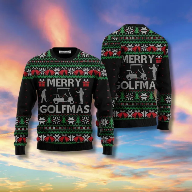 Funny Merry Golfmas Ugly Sweater, Golf Christmas Sweater Cart Snowflake, Xmas Ugly Sweater For Golfer