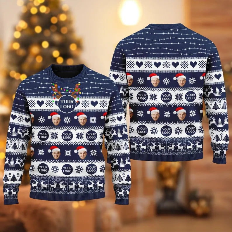 Personalized Logo Company Ugly Christmas Sweater, Custom Face And Logo Ugly Christmas Sweater, Ugly Xmas Sweatshirt