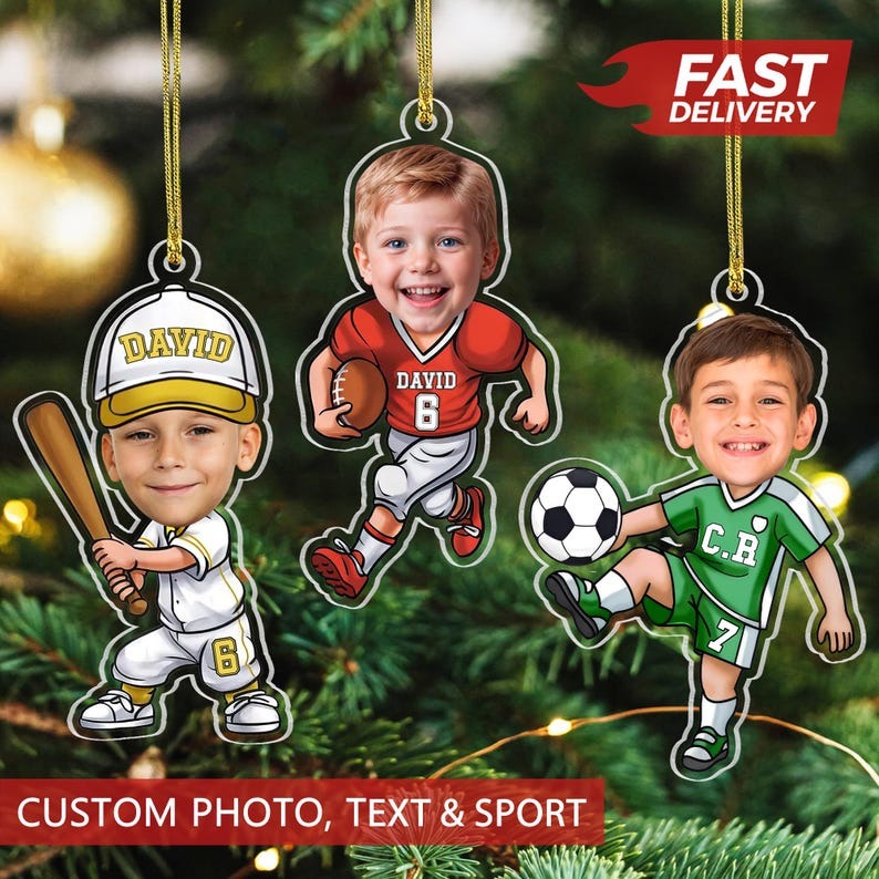 Personalized Sports Photo Ornament, Custom Name Kids Athlete Christmas Ornament, Funny Sports Xmas Gift for Boys, Custom Photo Tree Decoration