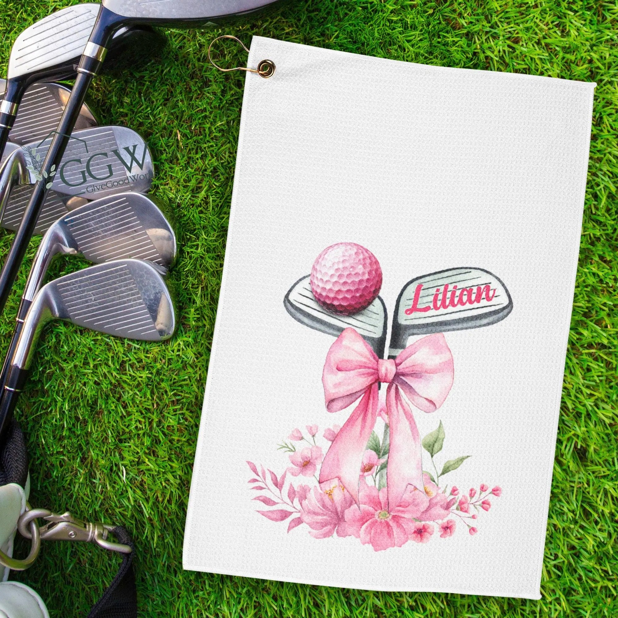 Personalized Name Golf Towel Pink Floral Bow Design With Golf Clubs, Custom Golf Towels For Women, Gift For Golfers