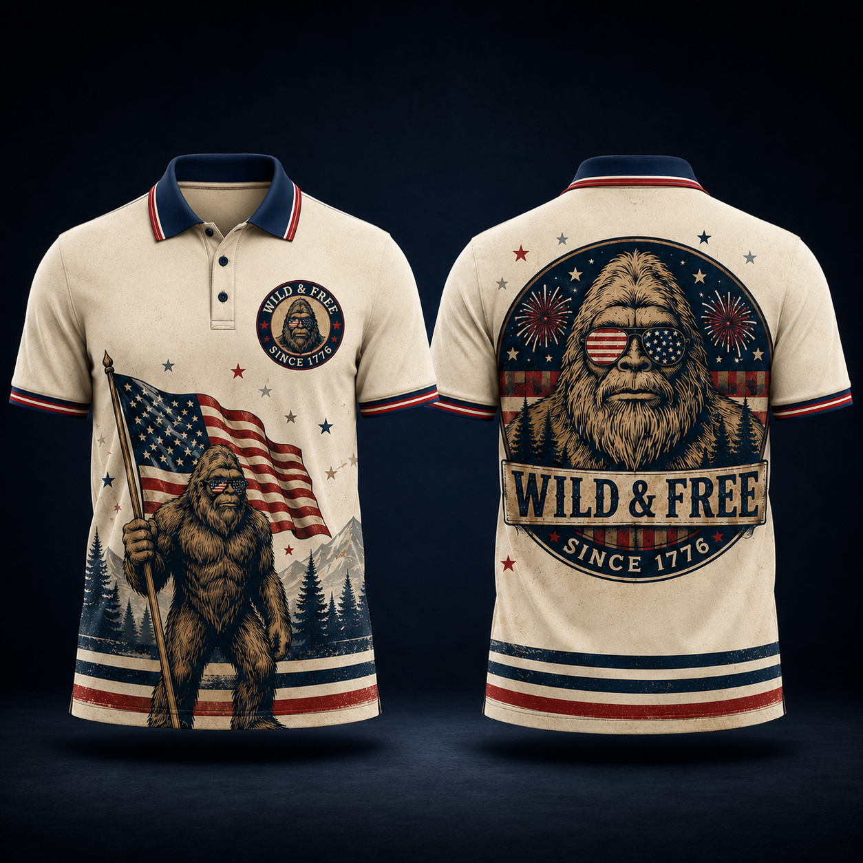 Funny Bigfoot Polo Shirt for Men – Wild & Free Since 1776 Patriotic Sasquatch 4th of July Party Shirt, Vintage Americana BBQ Polo