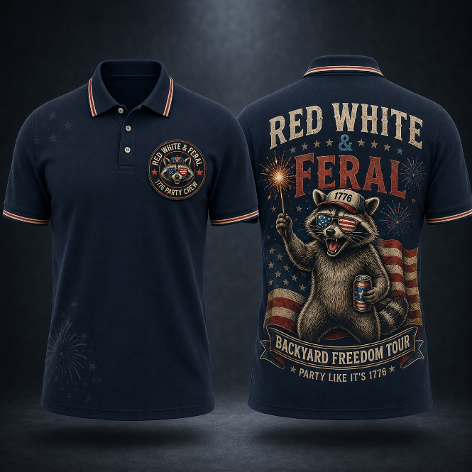 Patriotic Polo Shirt for Men – Red White & Feral 1776 Backyard Freedom 4th of July USA 250th Party Polo