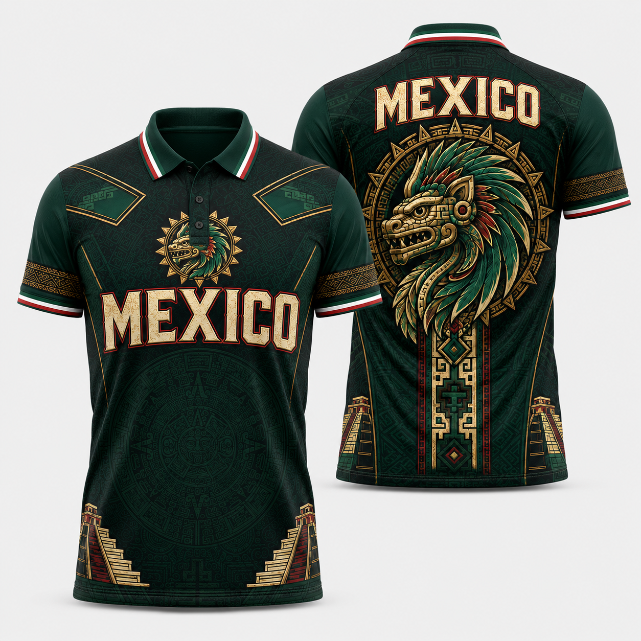 Mexico Quetzalcoatl Polo Shirt for Men – Feathered Serpent Heritage Mexico Fan Polo, Aztec Guardian Jersey Style Shirt