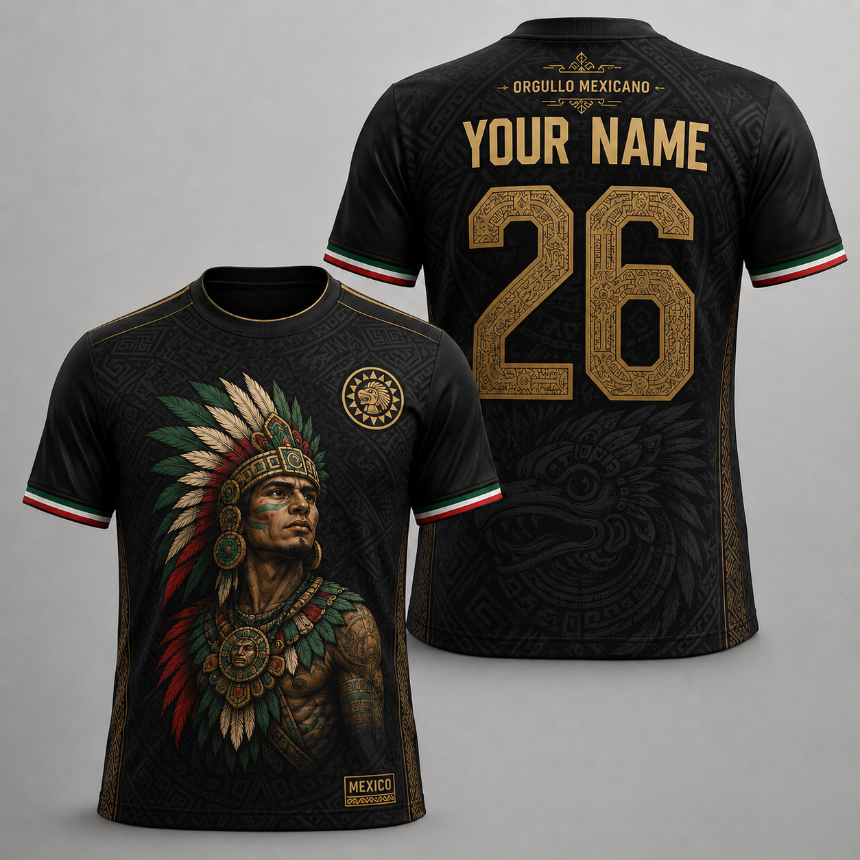 Custom Mexico Ceremonial Heritage Football Jersey Kit – Personalized Aztec Warrior Black Gold Soccer Kit