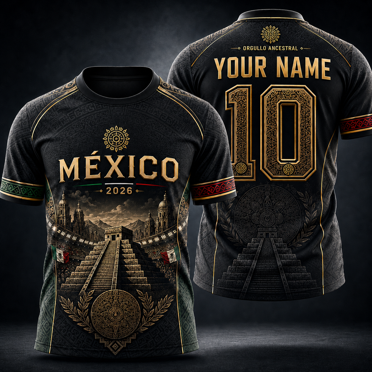 Mexico Heritage Football Jersey – Black Gold Aztec Pyramid 2026 Custom Soccer Fan Jersey