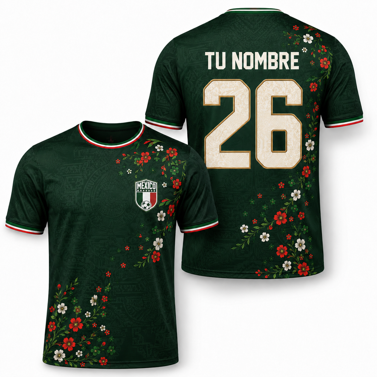 Personalized Mexico Floral Soccer Jersey – Custom Name & Number Aztec Heritage Shirt for Mexican Pride Football Fans