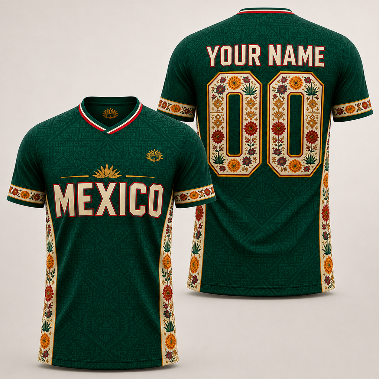 Custom Mexico Heritage Polo Shirt for Men – Aztec Floral Personalized Green Fan Polo, Mexico Game Day Shirt