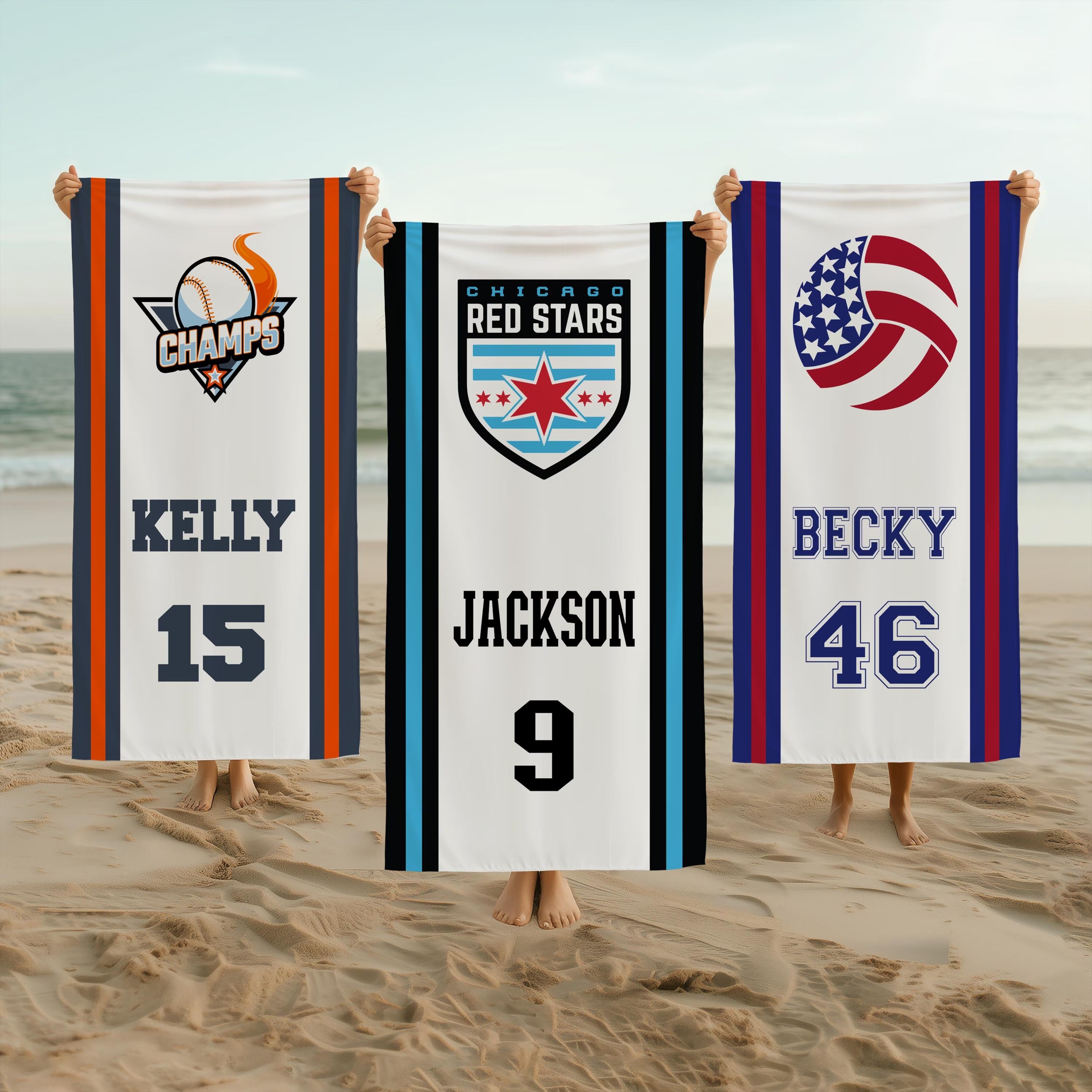 Custom Sport Team Beach Towel, Personalized Football Volleyball Basketball Baseball Softball Soccer Logo Beach Towel, Pool Party Towels
