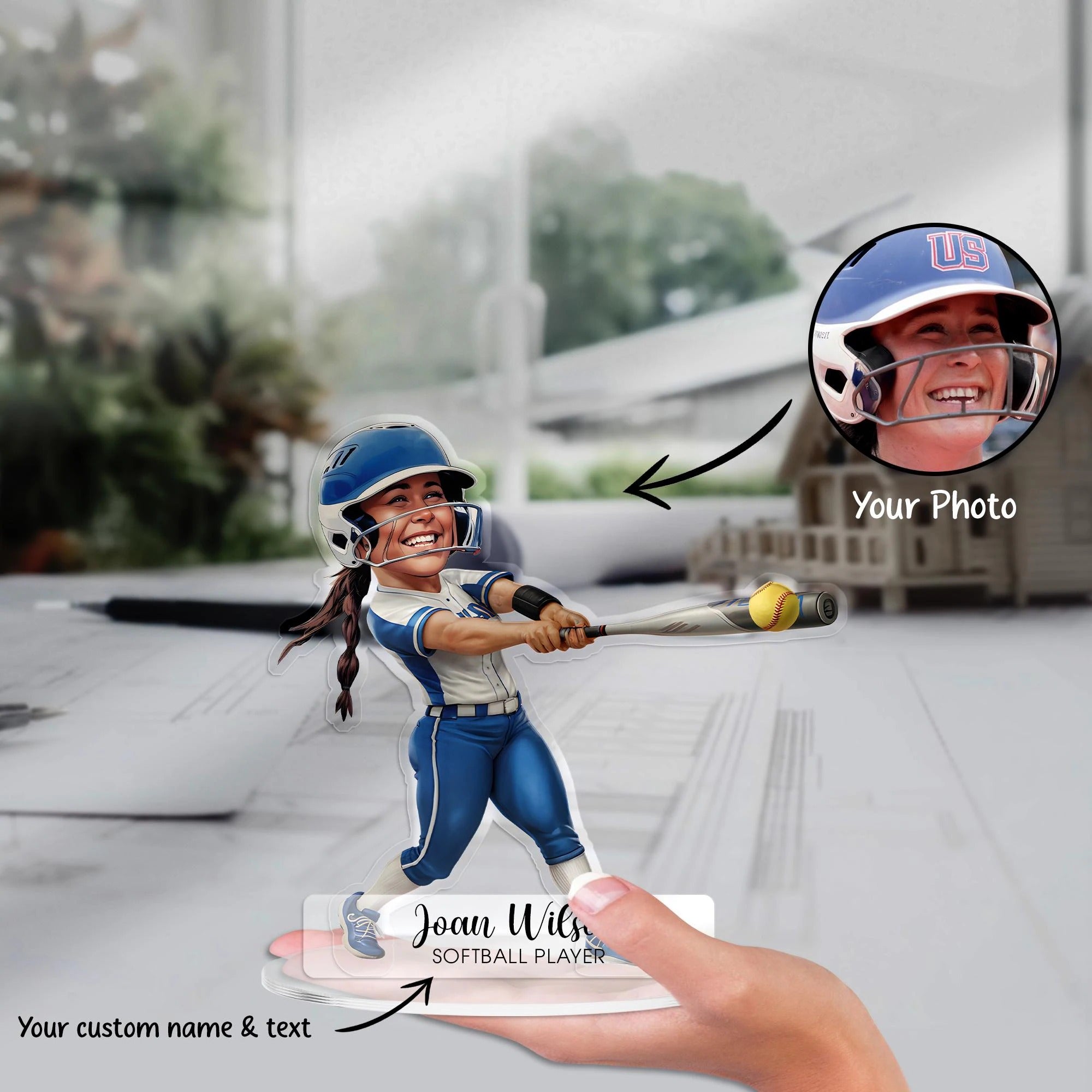 Custom Baseball Player Figurine Trinket Caricature Portrait Desk Name Plate, Personalized Acrylic Cartoon Sport Baseball Athlete Plaque Gift