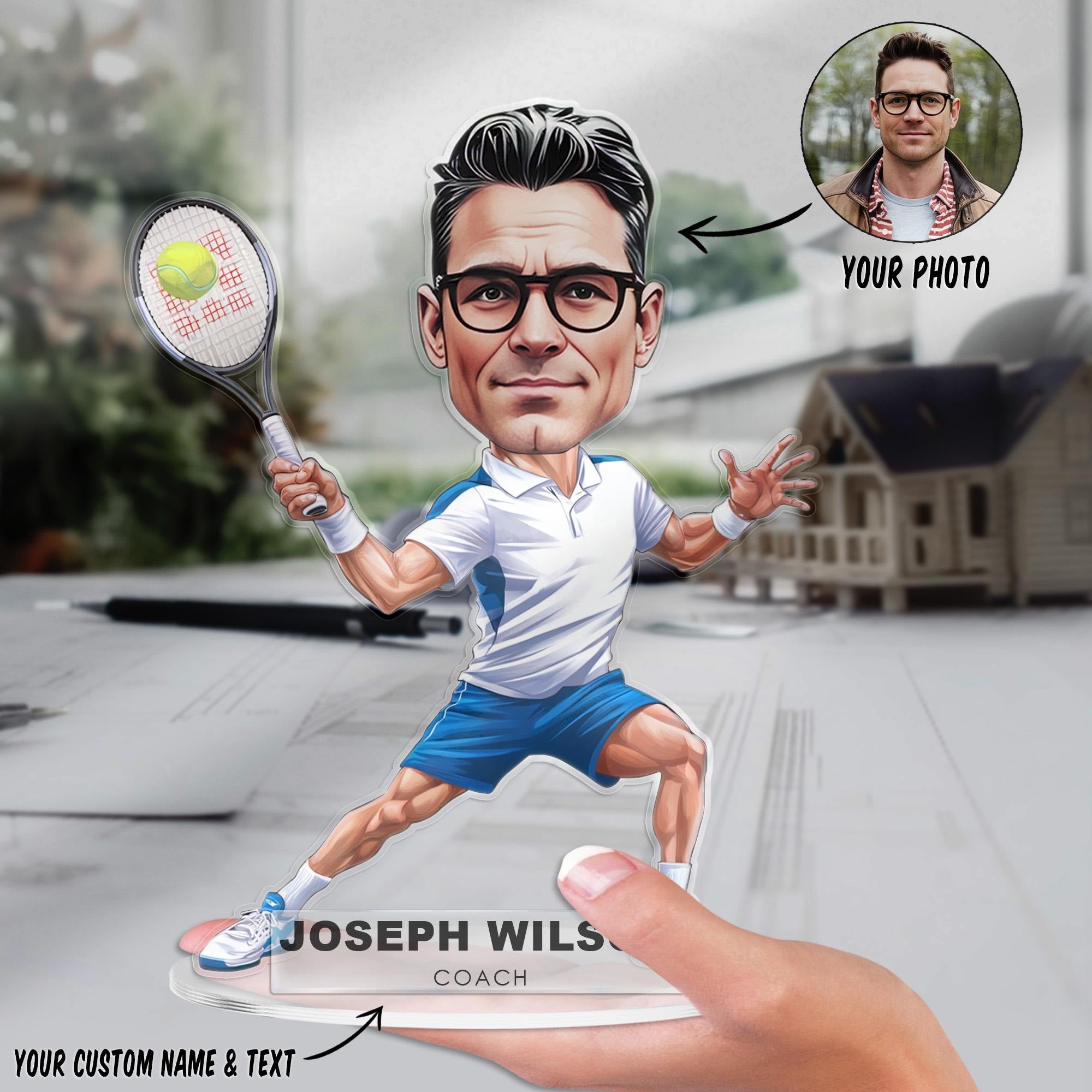 Custom Tennis Player Figurine Trinket Caricature Portrait Plate, Personalized Acrylic Gift Cartoon, Tennis Coach Gift Plaque