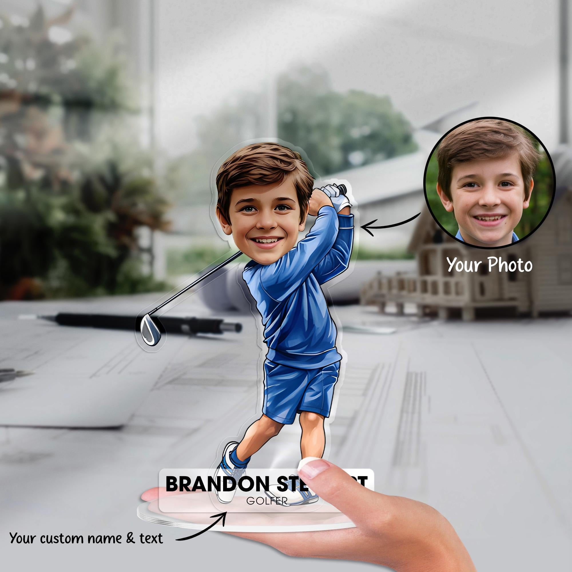 Personalized Photo & Name Golf Gift For Golfers, Custom Golf Figurine Trinket Caricature Portrait Desk Name Plate