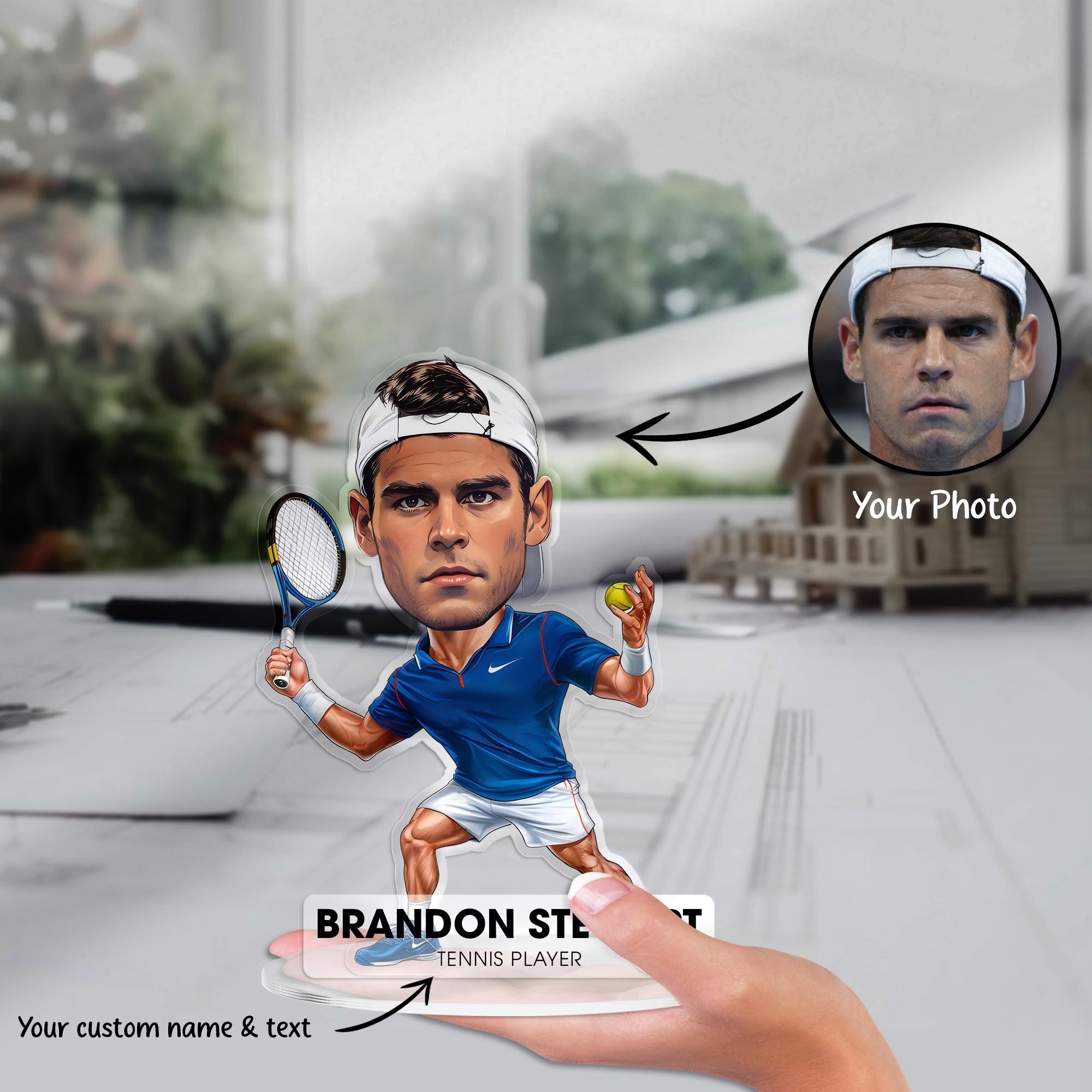 Custom Tennis Player Figurine Trinket Caricature Portrait Plate, Personalized 3D Acrylic Cartoon Sport Coach Smash Shot Plaque Gift