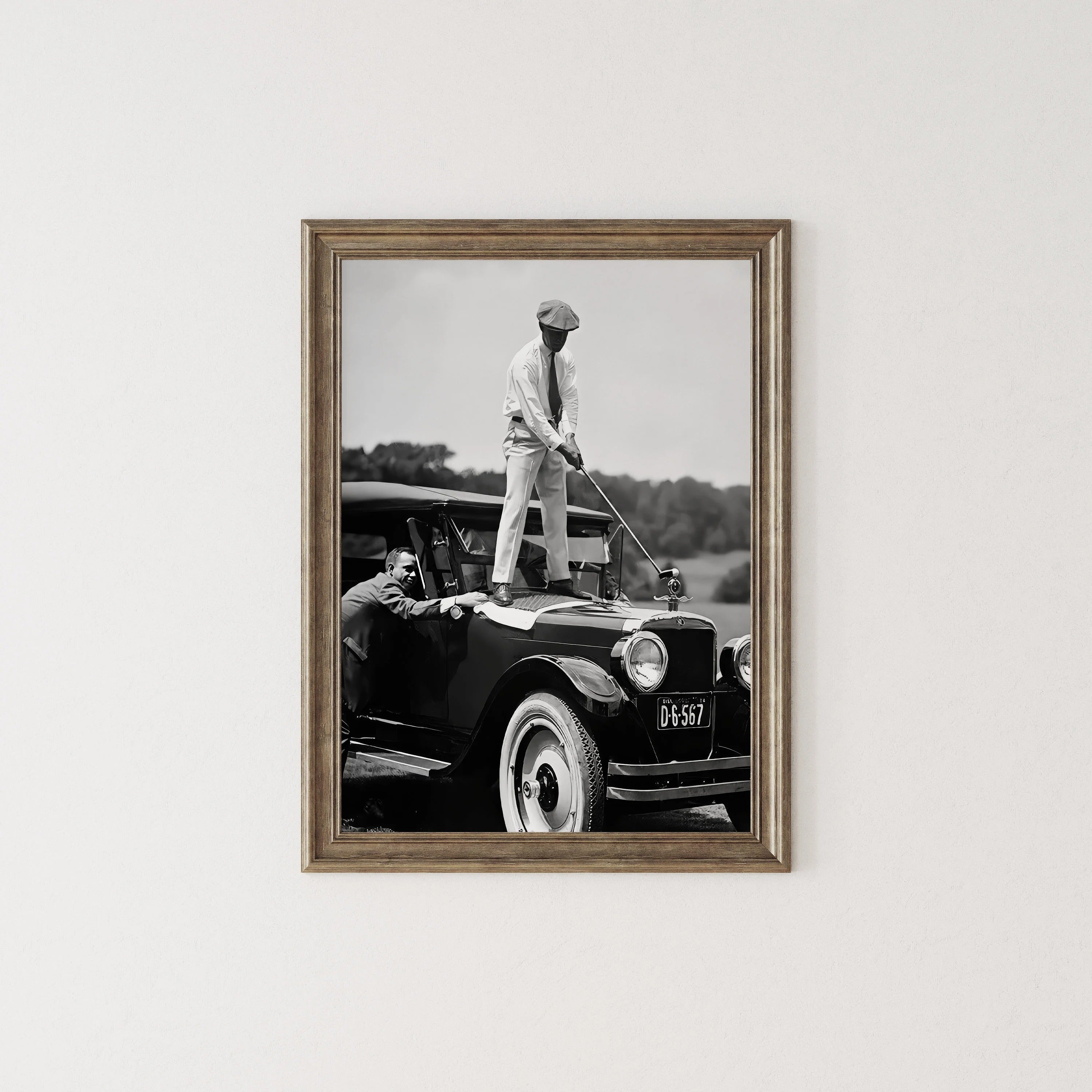 Vintage Golfer Teeing on Car Wall Art, Black and White Print Golf Canvas, Golf Prints Poster