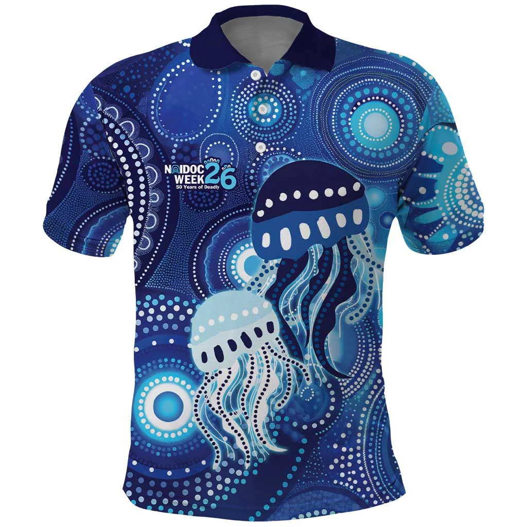 NAIDOC 50 Years Jellyfish Aboriginal Culture Inspired Blue Polo Shirt, Golf Shirt For Men, Funny Golf Shirt
