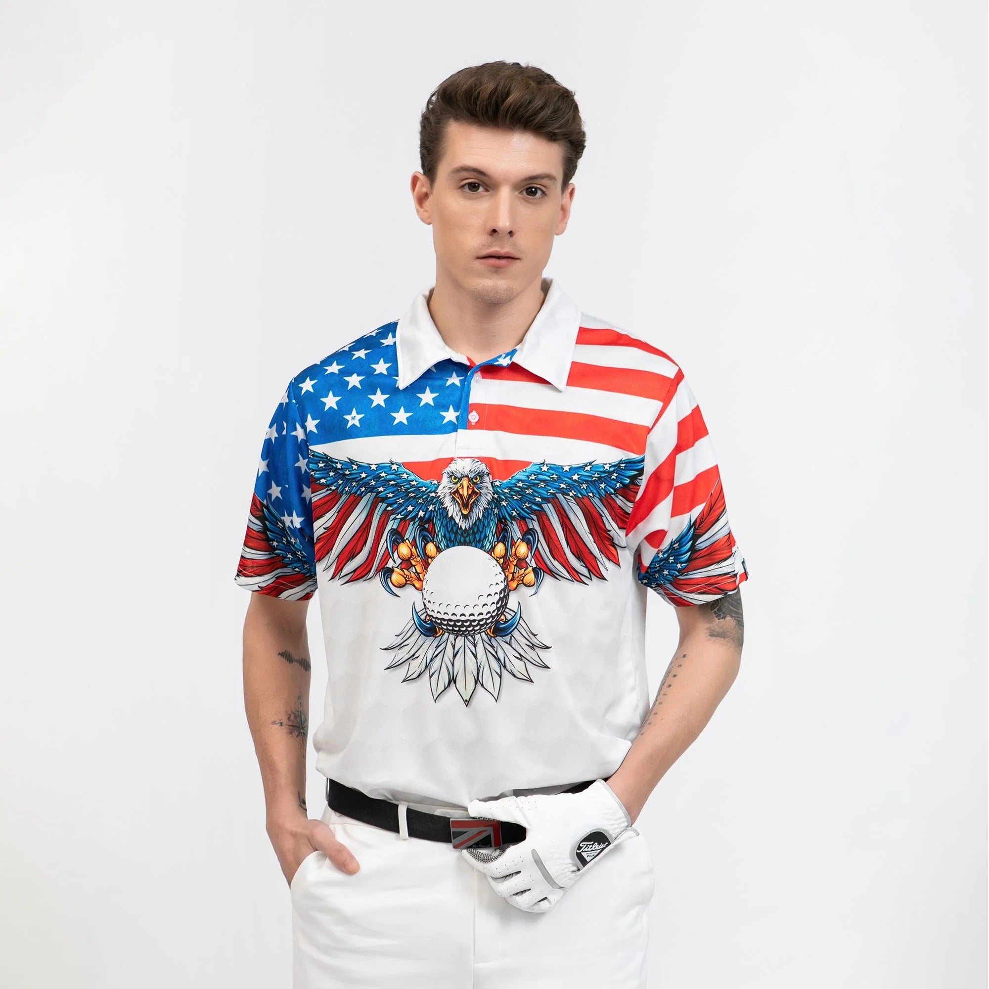 Golf American Flag Eagle Wings Polo Shirt, White Golf Pattern Polo Shirt, Patriotic Golf Shirt For Men