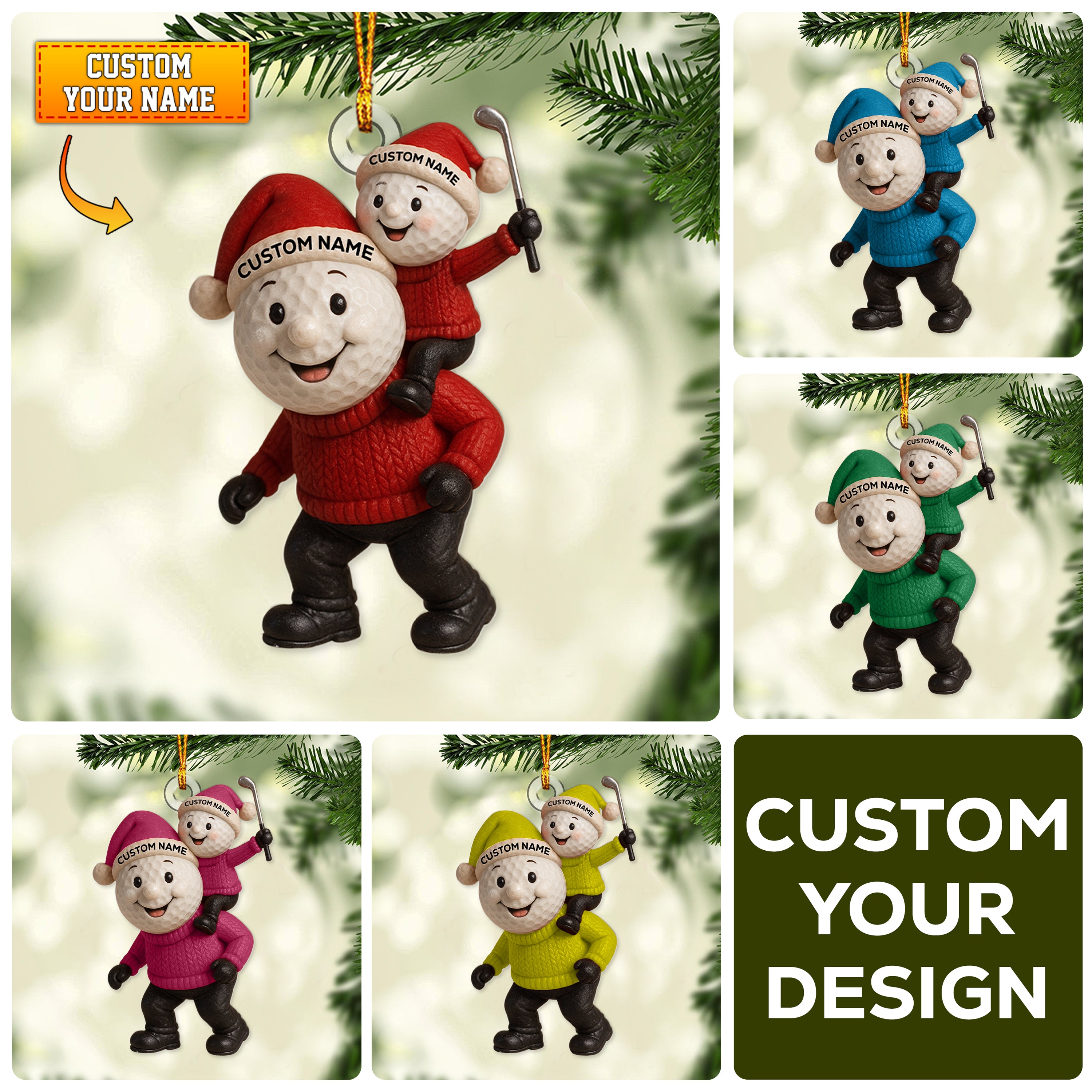 Personalized Golf Family Ornament, Custom Name Golfer Dad & Kid Christmas Ornament, Cute Golf Ball Character Holiday Decor, Gift for Golf Lovers