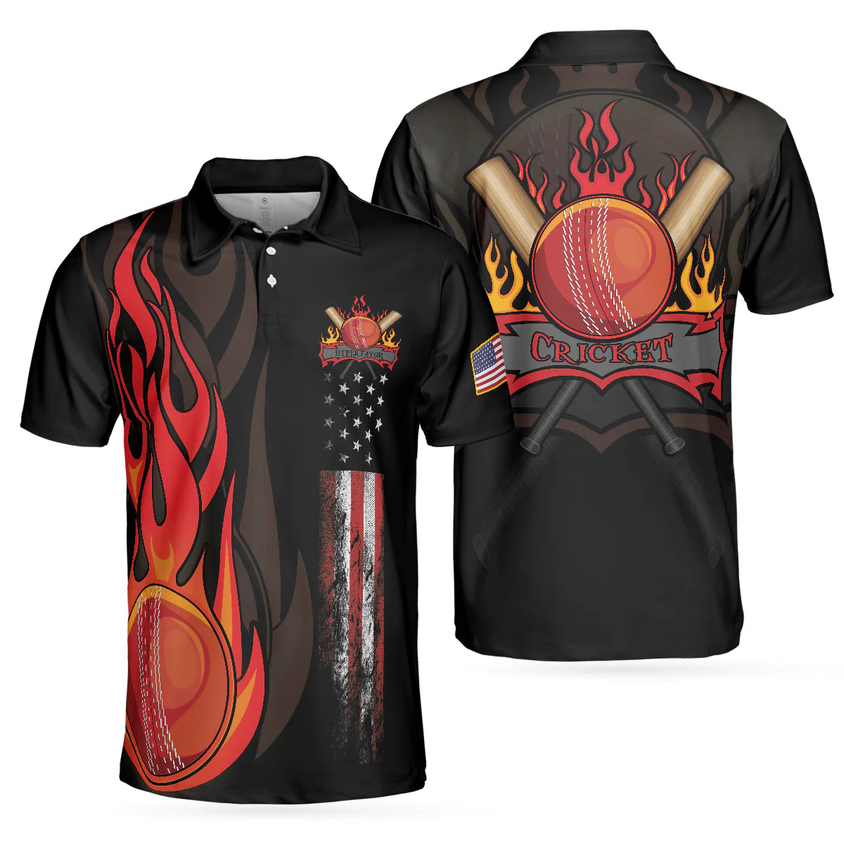 Men’s Black Cricket Polo Shirt Featuring Flame Cricket Ball and American Flag Sports Design