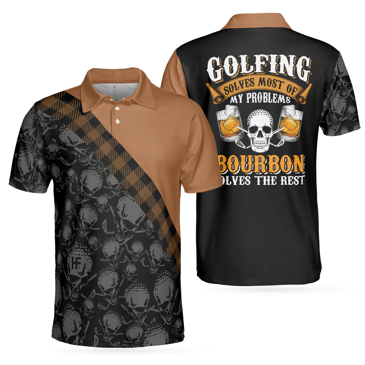 Funny Golf Bourbon Polo Shirt for Men, Skull Graphic Plaid Design with Drinking Quote