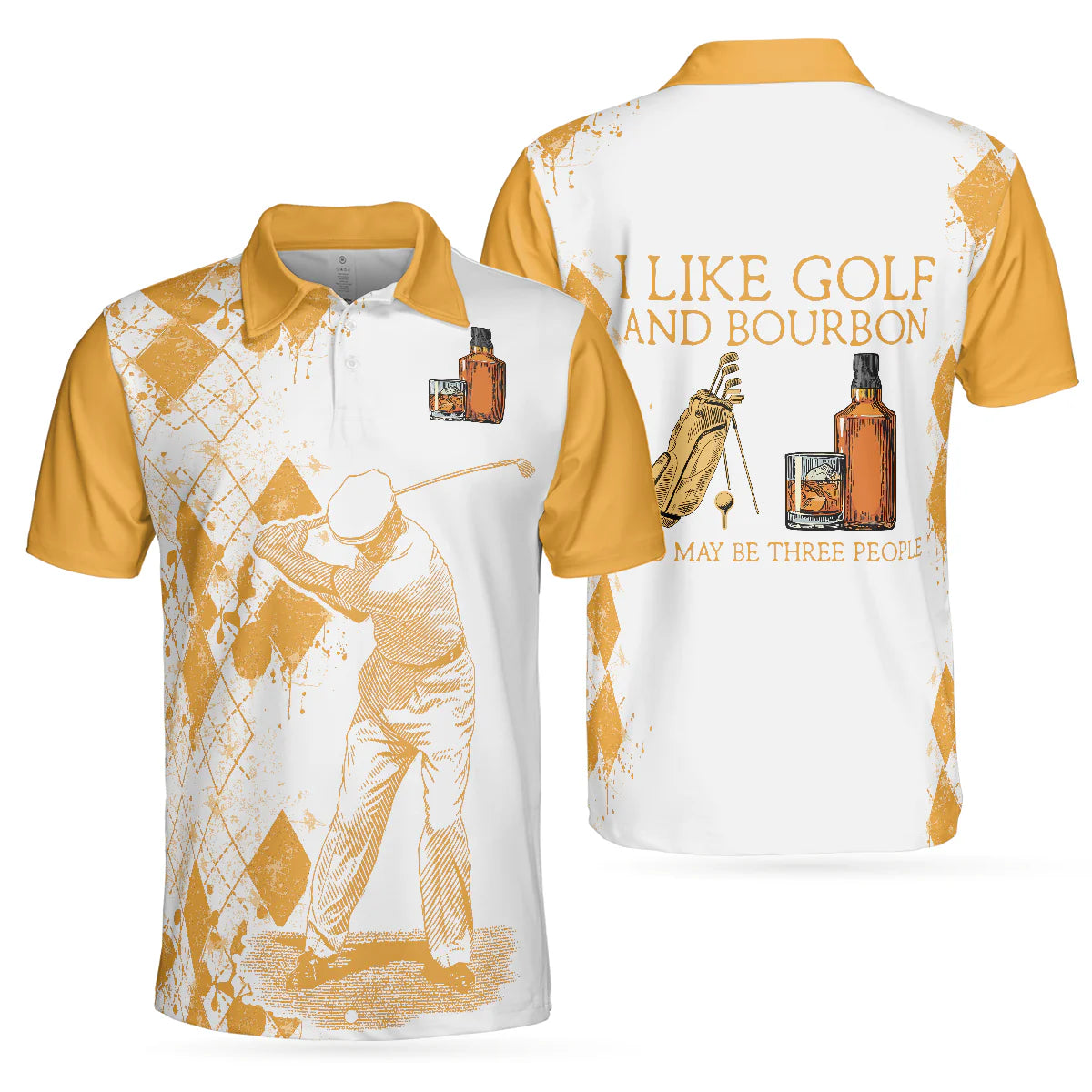 Men’s Golf Polo Shirt Whiskey Graphic, Orange Argyle Golfer Design