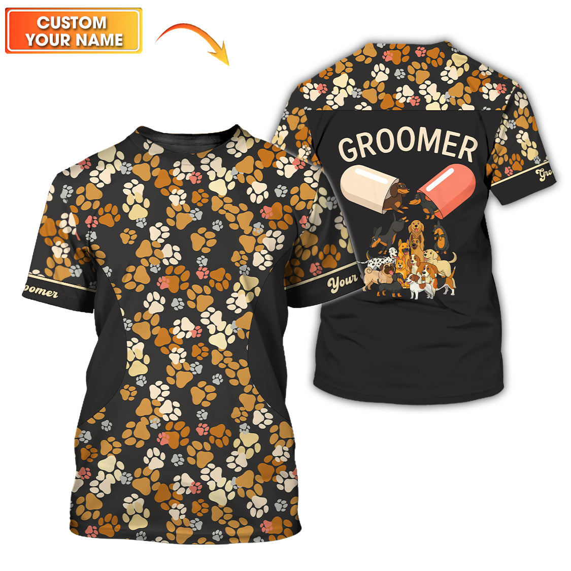 Custom Name Paw Pattern Shirts, Dog Groomer Shirt, Grooming Uniform For Pet Salon