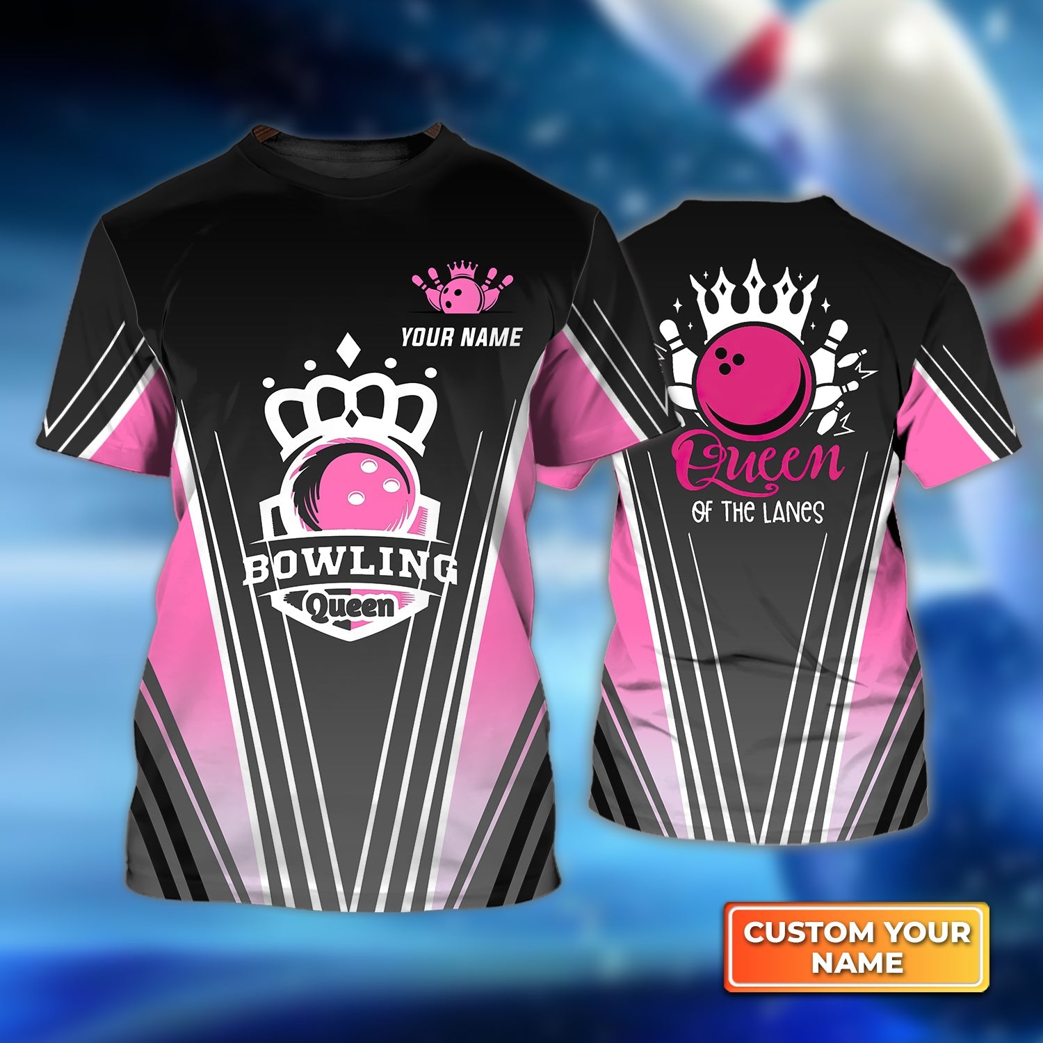 Pink Bowling Ball Queen Of The Lanes Personalized Name 3D Tshirt Gift For Bowler