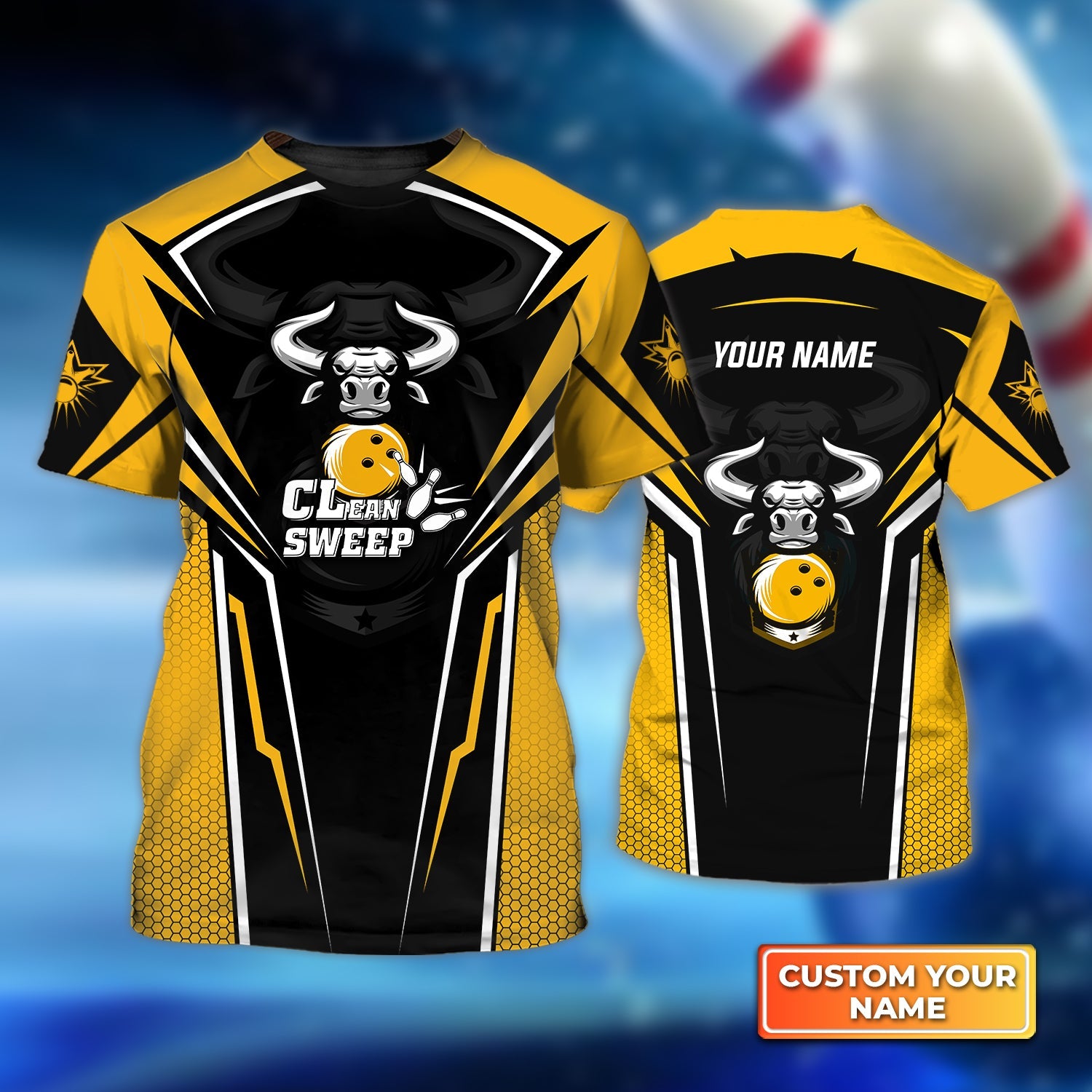 Bowling Bull Clean Sweep Yellow Black Personalized Name 3D Tshirt Gift For Bowler