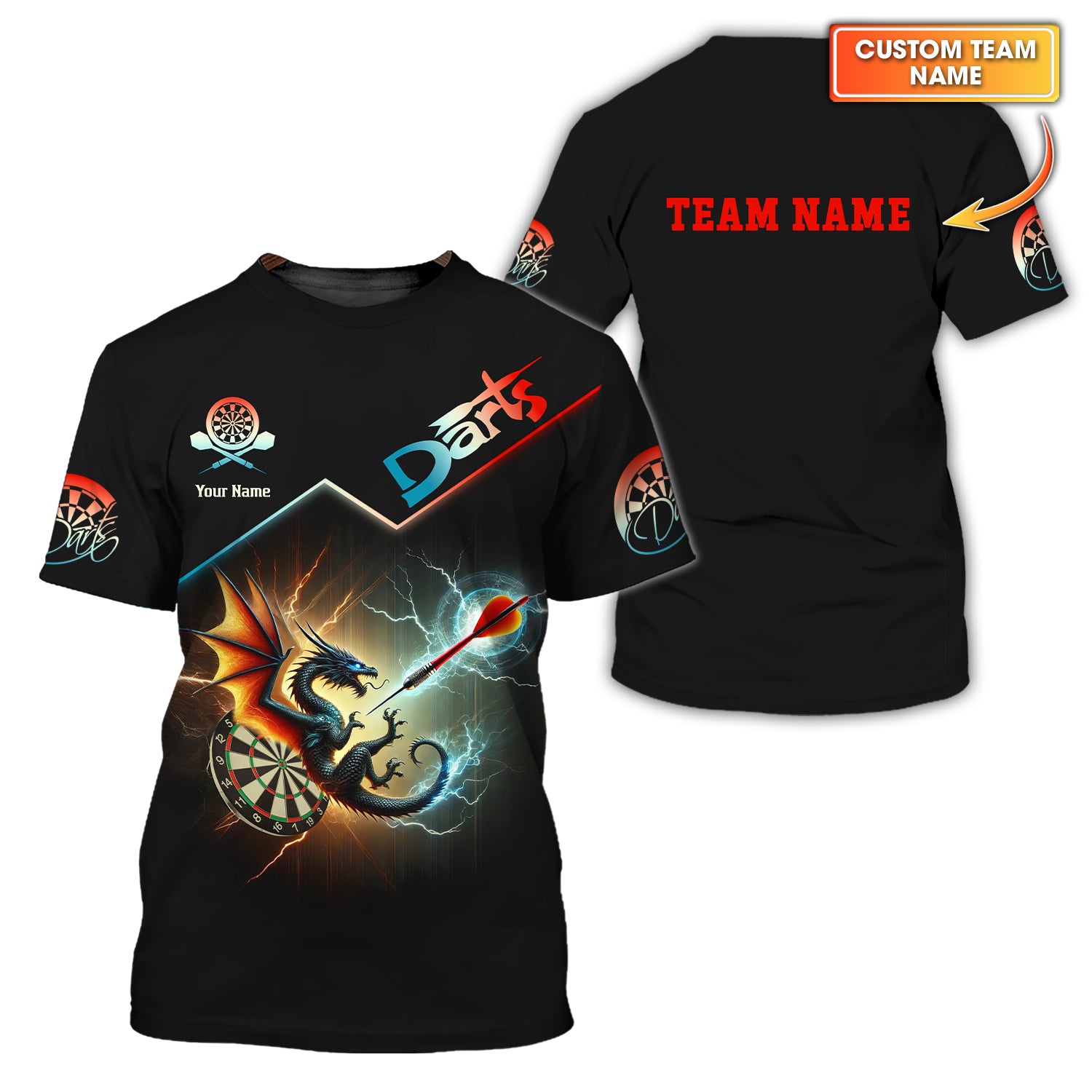 Custom Darts Team Name & Your Name Personalized 3D Shirt Dragon, T-shirt For Darts Player, Darts Shirts, Gift For Darts Lovers
