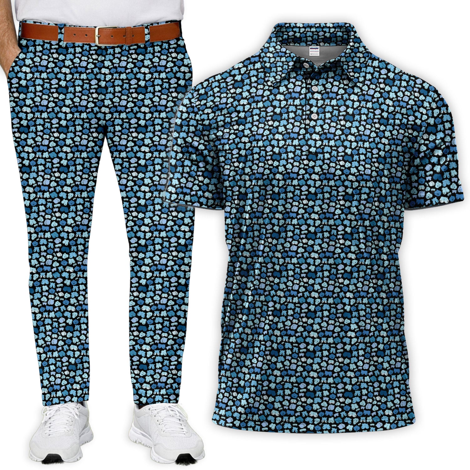 Funny Dirty Black Blue Seamless Pattern Golf Set, Mens Golf Pants, Golf Set For Men